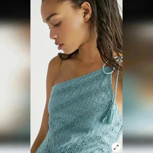 Free People Bella Maxi Dress Lace Inserts One Shoulder Tie Shoulder Mint aqua - Picture 3 of 6